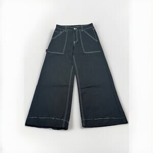 Forever 21 Carpenter Pants Women’s Medium Black Wide Leg Contrast Stitch Work 30